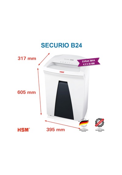 HSM SECURIO B24 - Çapraz/konfeti kesim 4,5x30 MM Evrak İmha Makinesi / Kağıt Kırpma Makinesi - CD İmha Makinesi - 35 L