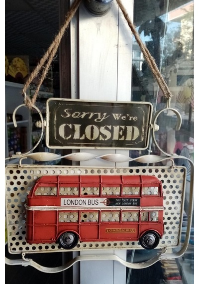 Dekoratif Metal Kapı Yazısı Londra Şehir Otobüsü Open Close 32 Cm