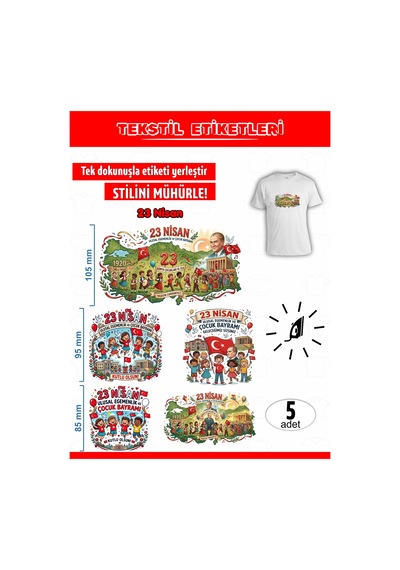 Ütü İle Yapışan Kıyafet Etiketi 23 Nisan 5li Set Karışık