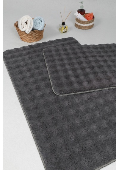 Modern Bubble Yıkanabilir Kaymaz Peluş Banyo Paspası Halısı 2li Klozet Takımı 60x100-50x60cm Antrasit