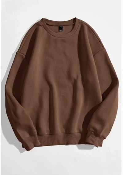 Hırsch Unisex Kahverengi Oversize Düz Bisiklet Yaka Sweatshirt Kahverengi