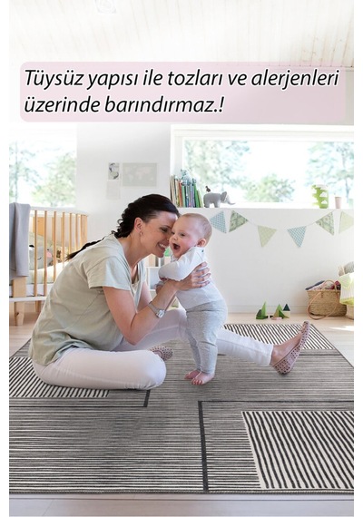 Foldy Modern Desenli Dokuma Taban Dekoratif Siyah Çizgili Halı Fl 47