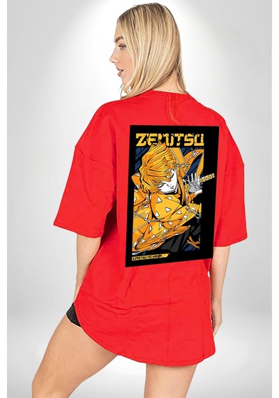 Zenitsu Agatsuma Anime Kırmızı Oversize Unisex Ön Ve Sırt Baskılı Tişört Kırmızı