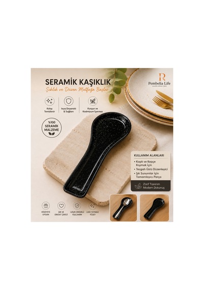Siyah Seramik Tezgah Üstü Kirli Kaşık Altlığı Kirli Kaşıklık Kepçe Altlığı Siyah Siyah