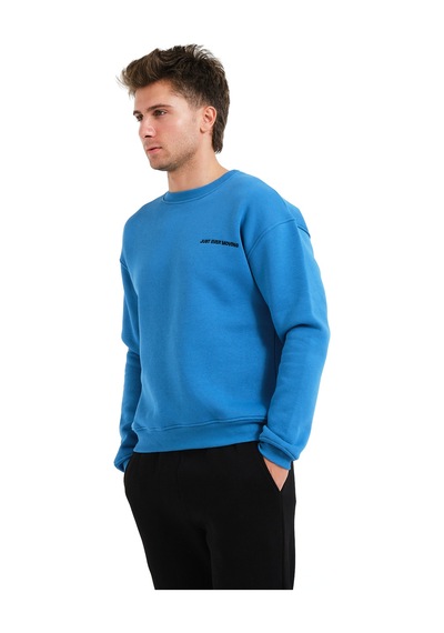 Justever Bisiklet Yaka Nakışlı Şardonlu İçi Polarlı Mavi Erkek Sweatshirt - Volar Mavi