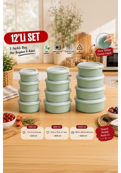 Porsima 5318 12 Parça Yuvarlak Hava Tahliye Valfli Saklama Kabı Seti Yeşil 3 Farklı Boy X 4 Adet