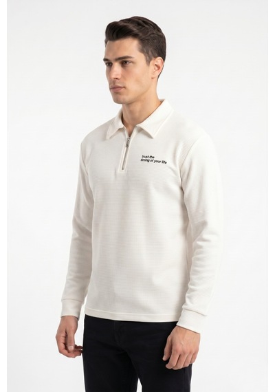 Opınıon Erkek Spor Polo Yaka Petek Dokulu Sweatshırt Bgl-st05442 Beyaz