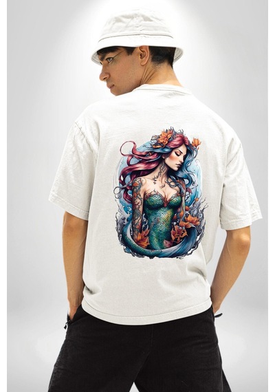 Deniz Kızı Çiçek Beyaz Oversize Unisex Ön Ve Sırt Baskılı Tişört Beyaz