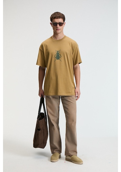 Grimelange BOLD Erkek %100 Pamuk Oversize Fit Baskılı Kısa Kollu Yuvarlak Yakalı Koyu Bej T-Shirt