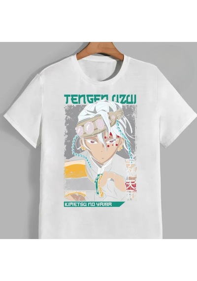 Flood Of Style Anime Desenli Unisex Bay Tişört Uzui İblis Avcısı Beyaz