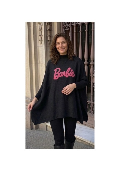 Onno Style Women Barbie Nakışlı Yırtmaçlı Triko Kadın Panço Siyah