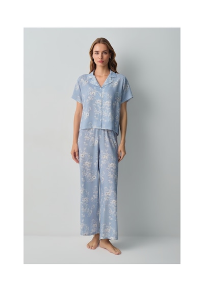 Suwen Rosanna Gömlek Yaka Pijama Takımı Wsh10510035348 Mavi