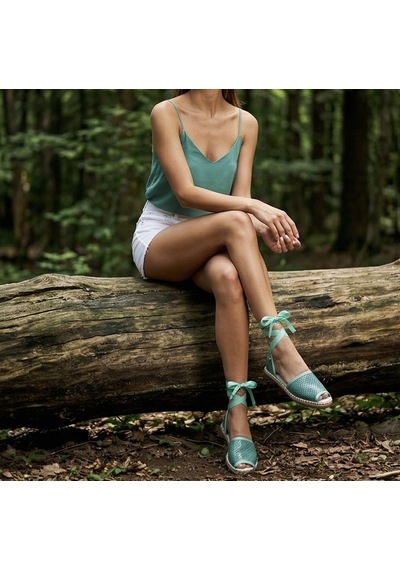 Futsishoes Peony Modern Bilekten Bağlama Yeşil Hakiki Deri Kadın Espadril