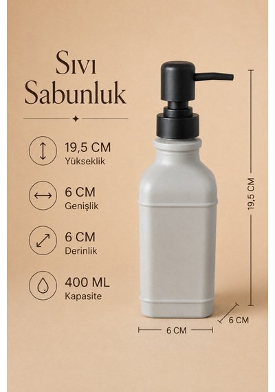Aura Cam Sıvı Sabunluk 400 Ml Siyah Pompalı Modern Dekoratif Banyo Ve Mutfak Dispenseri - 19,5 Cm X 6 Cm X 6 Cm Gri
