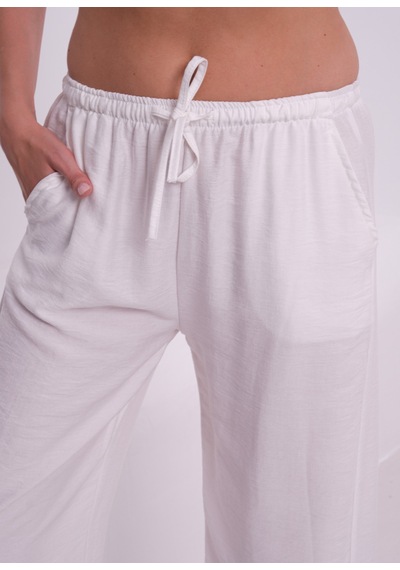 Cottonlab Beyaz Keten Efekt Bol Kesim Belden Bağlamalı Pantolon