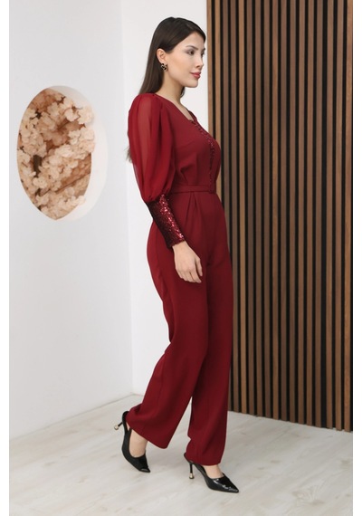 Lodmela Nursel Ergin Payet Detaylı Abiye Tulum 6056-bordo