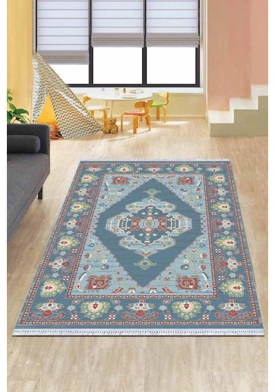 Mavi Klasik Göbekli Dokuma Pamuk Taban Kaymaz Kilim Klm314n11