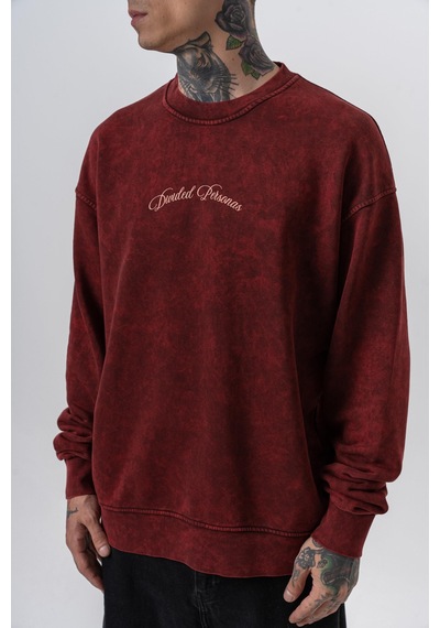 Respire Erkek Divided Baskılı Yıkamalı Bisiklet Yaka Oversize Sweatshirt Bordo