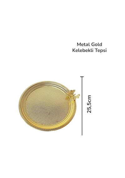Metal Tepsi Gold Kelebekli Dekoratif Tepsi 25,5cm