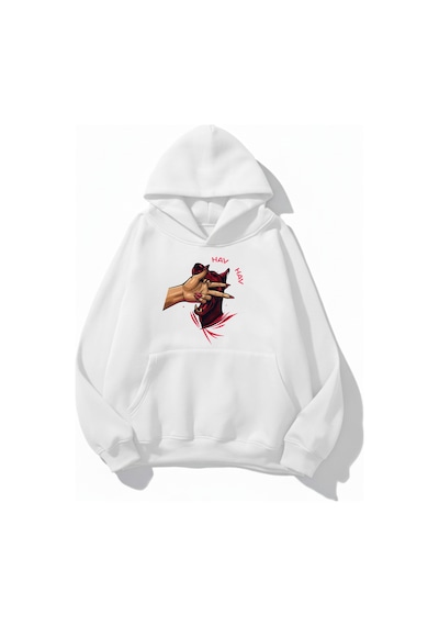 Uyguntarz Unisex Yumuşak Dokulu Hav Hav Baskılı Tasarım Oversize 3 İplik Hoodie Sweatshirt beyaz