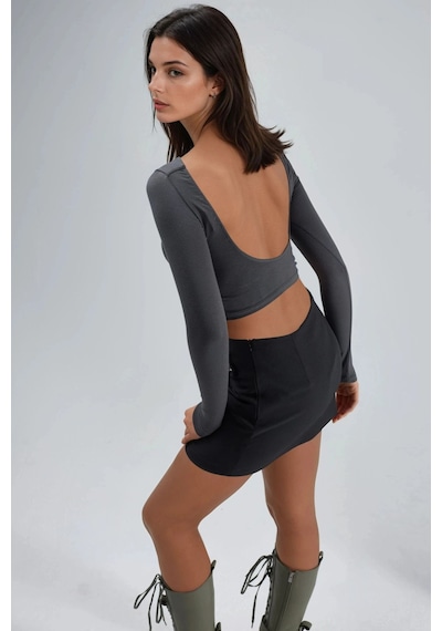 Hiccup Busem Sırt Dekolteli Slim Fit Kısa Bluz Koyu Gri