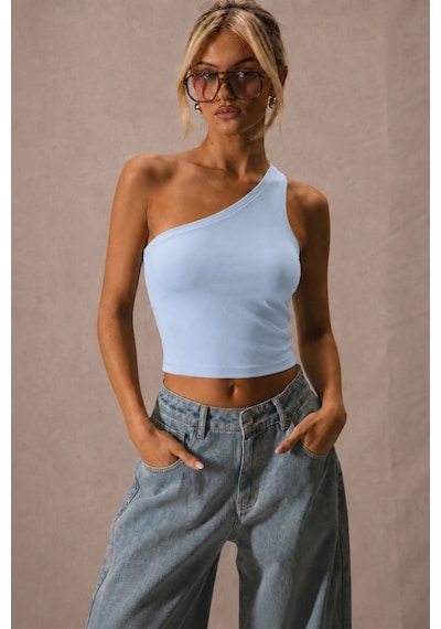 Tarz Cool Kadın Tek Omuz Crop Atlet Esnek Slim Fit Süprem Kumaş Asimetrik Yaka Bluz Mavi