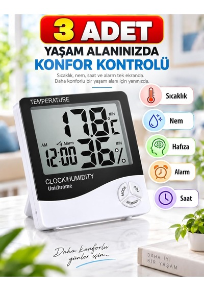 Tr 3 Adet Dijital Termometre Sıcaklık Ve Nem Ölçer Masa Saati Alarm