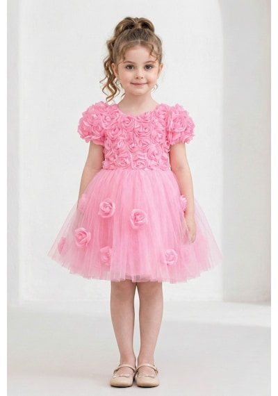 Mnk Baby & Kids Rosali Lase Detay Kız Tütü Abiye Elbise M00803 Pembe