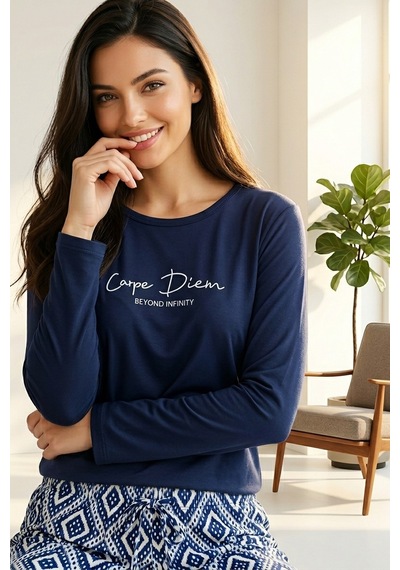 Aura Collections Kadın Desenli Bambu Viskon Uzun Kollu Soft Örme Mevsimlik Pijama Takımı Lacivert