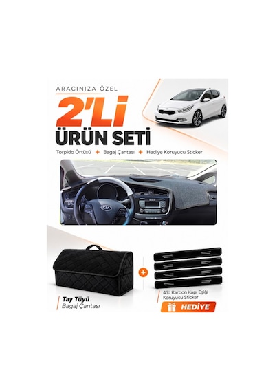 E-biz Kia Ceed 2013-2019 Uyumlu Torpido Örtüsü + Tay Tüyü Bagaj Çantası Seti - Siyah - Kı004