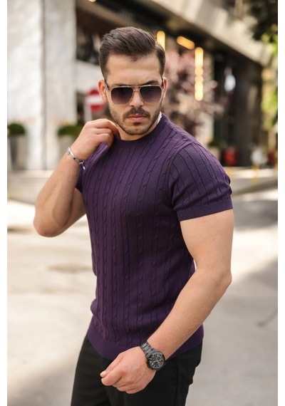 Valensdesign Erkek Örgü Desen Bisiklet Yaka Triko Tişört - %100 Pamuk Akrilik A. Mor
