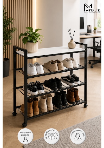 Loft 4 Katlı Siyah Tekerlekli Metal Ayakkabılık, Ahşap Mdf Tablalı, Çok Amaçlı Ayakkabı Düzenleyici, 77x30x70 Cm Loft 4 Katlı Siyah Tekerlekli Metal Ayakkabılık, Ahşap Mdf Tablalı, Çok Amaçlı Ayakkabı Düzenleyici, 77x30x70 Cm