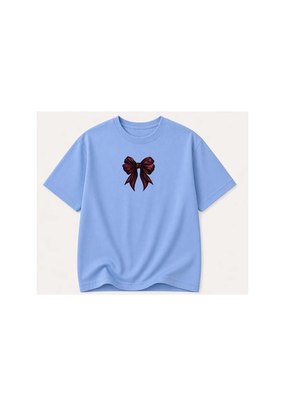 Herkesemoda Kurdele Baskı Baskılı Kadın Bisiklet Yaka Pamuklu T-shirt Açık Mavi