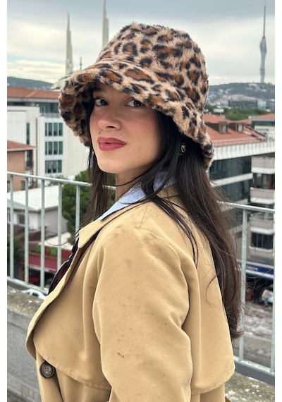 Mollycrush Kadın Kışlık Leopar Desenli Peluş Şapka Soğuk Geçirmez Sıcak Tutan Bucket Camel Leopar