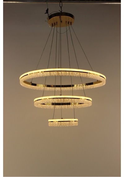 Şık Gold Kaplama 3 Katlı Silikonlu Kristalize Halka Serisi Formu Modern Led Sarkıt