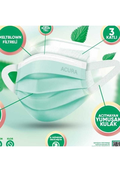 Acura Cerrahi Meltblown Maske3 Katlı Lastikli Burun Telli 50 Adet