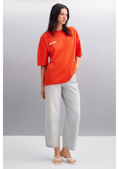 Grımelange Arcadıa Kadın %100 Pamuk Arka Ve Önü Yazi Detaylı Baskılı Slim Kırmızı T-shirt Kırmızı