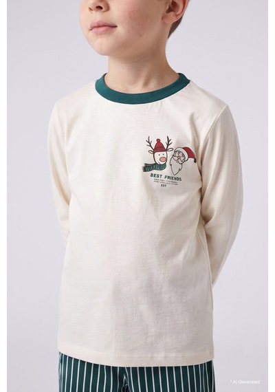 Defacto %100 Pamuk Baskılı Uzun Kollu Üst Çizgili Alt Flanel 2li Dokuma Pijama Takımı Erkek Bebek I3389a526wner118 Ekru-er118