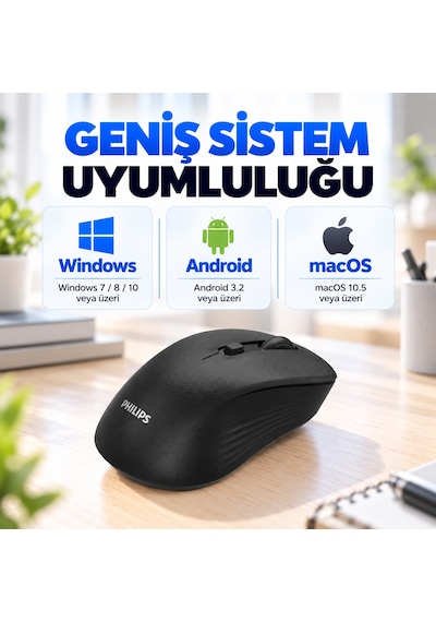Philips SPK7538 Kablosuz Bluetooth 1600 DPI 5 Tuşlu Sessiz Mouse