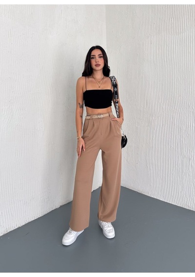 Gugus Kadın Palazzo Kemer Detaylı Bol Paça Wide Leg Pantolon Krem