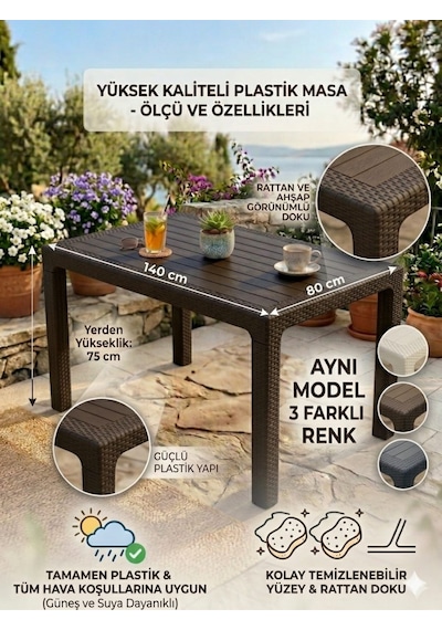 Evko Mobilya Rattan 80x140 Masa, Plastik Masa, Bahçe Balkon Teras Masası, Kare Masa, Dış Mekan Masası Acı Kahverengi
