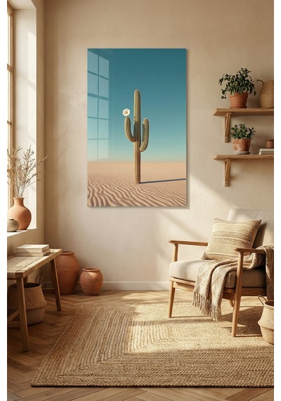 Kırılmaz Cam Tablo 5mm Kalın - Ev İşyeri Duvar Dekorasyonu Saguaro Kaktüs Dikey - Çöl Bitki Yeşil Botanik Salon Mutfak Temperli Uv Baskılı Hediyelik