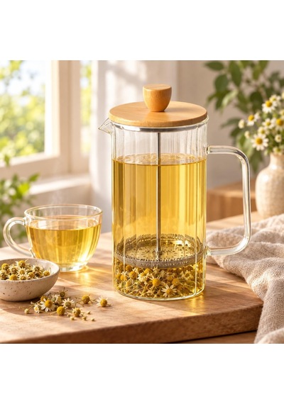 Bambu Kapaklı French Press, 1000 Ml Borosilikat Cam Filtre Kahve Ve Bitki Çayı Demliği, Cam Kulplu, Manuel Pres Filt Diğer