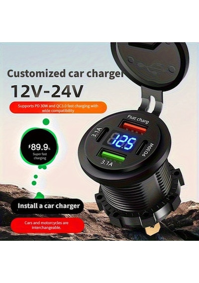 Dream011 Temel Siyah 120w Super Hızlı Şarj 2usb 2pd Dijital Voltaj Ekranlı Araç Şarj Cihazı 12 24v