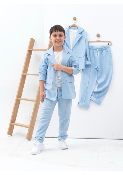 Zelhanjunior Erkek Çocuk Keten Takım Elbise 3 Parça Açık Mavi