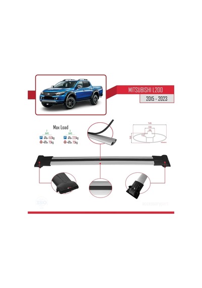 Mitsubishi L200 2015-2023 Arası İle Uyumlu Fly Model Ara Atkı Tavan Barı Gri