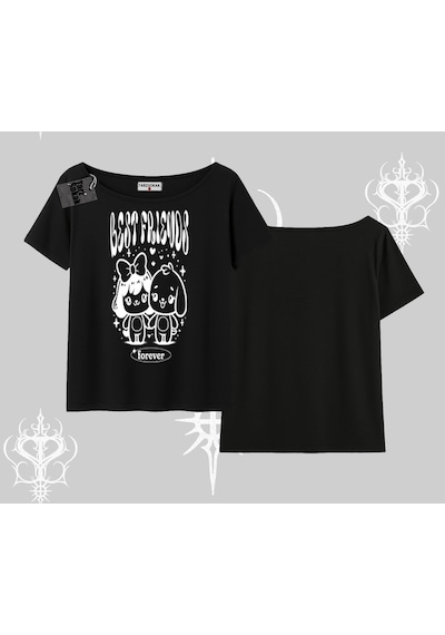 Tarzsokak Kayık Yaka Tshirt Best Friends Forever Baskılı Sevimli Tasarım Siyah
