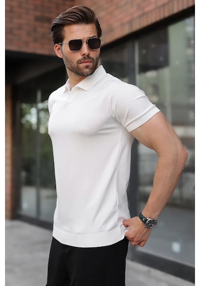 Madmext Beyaz Regular Fit Polo Yaka Triko Erkek Tişört E7502