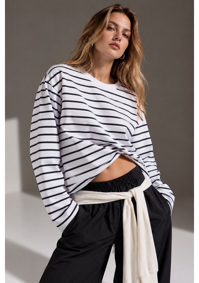 Wild Bee Kadın Siyah Beyaz Çizgili Pamuklu Bisiklet Yaka Oversize Bluz
