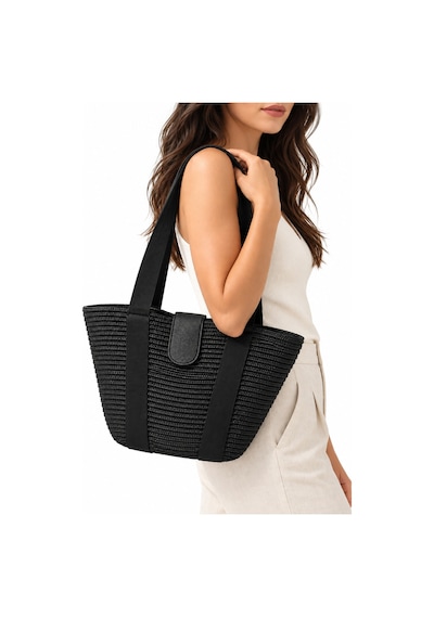 Levano Leather Kadın Hasır Tote Omuz Çantası Deri Detaylı Geniş İç Hacimli Günlük Yazlık Çanta 38x28 Cm Siyah